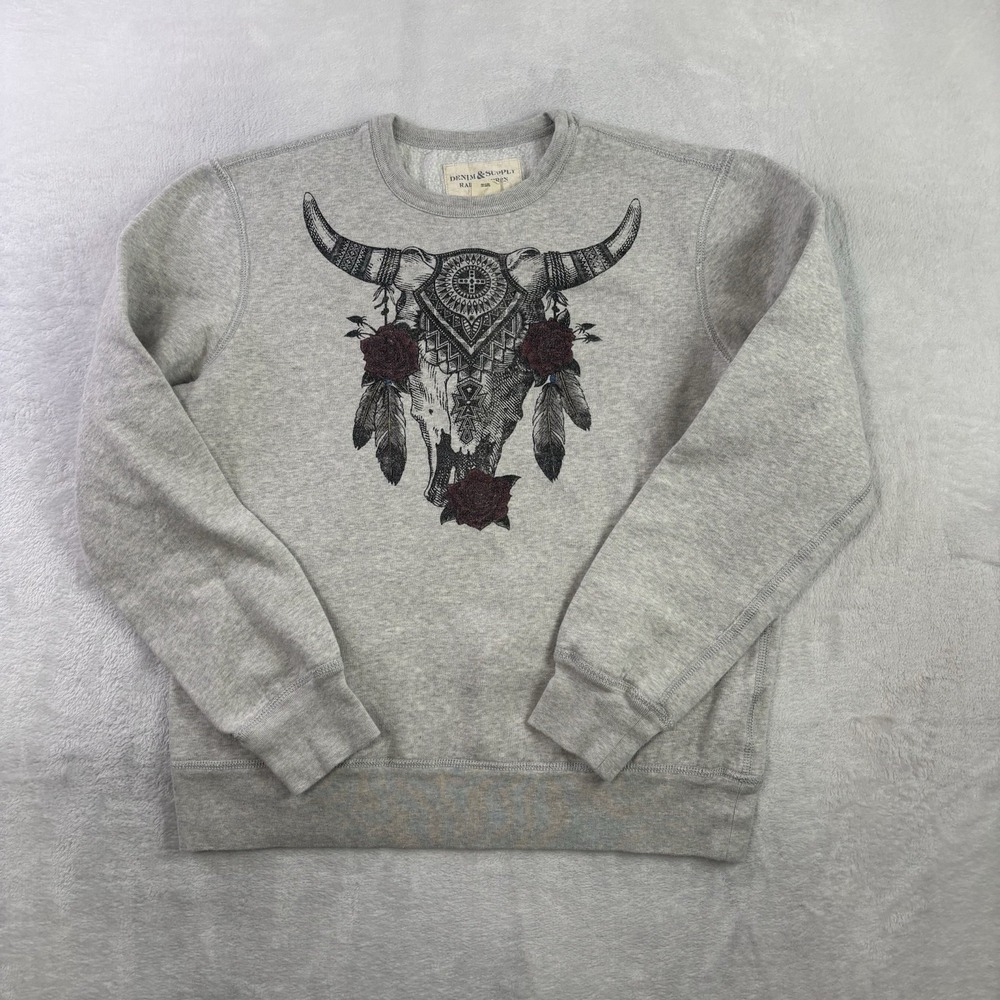 Denim & Supply Ralph Lauren Grey LS Fleece Sweatshirt Women's M Bull Skull
